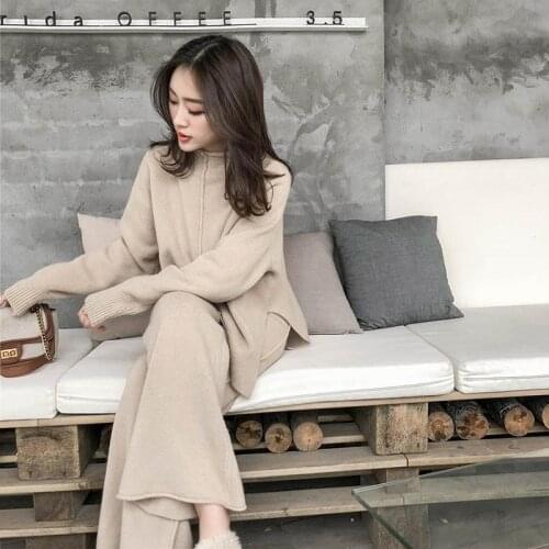 2020 The drape knitting wide-legged pants suit two-piece women new winter cashmere sweater wide-legged pants western style suits