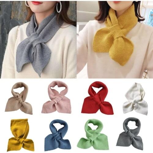 Women Knitted Cross Collar Scarf Winter Thicken Warm Solid Color Crochet Loophole Neckerchief Sweet Bowknot Neck Warmer
