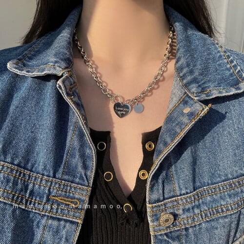 Falshbuy Punk Chain Necklace Women Heart Pendant Necklace Streetwear Lettering Rolo Chain Necklace 2020 Fashion Jewelry