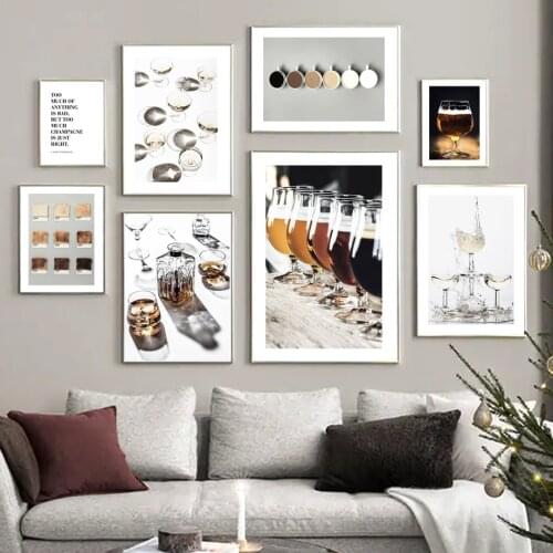 Golden Beer Glasses Coffee Shades Champagne Nordic Poster Wall Art Print Canvas Painting Decor Pictures For Living kitchen Room