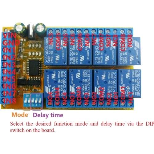 8ch DC 5V 12V 24V DIP Switch Delay Relay Module Flip-Flop Latch Bistable Self-locking Interlock Latch Power Conditioner