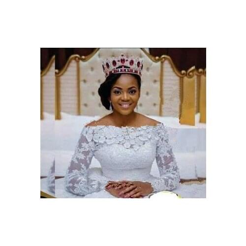 Long Sleeve Ball Gown Lace Wedding Dress Factory Custom Make Off Shoulder Small Flowers Neck Vestido de Noivas Robe De Mariage