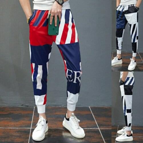 2021 Summer Thin Sports Casual Pants Mens Slim-Fit Contrast Color Skinny Pants Stretch Cropped Harem Pants Streetwear Trousers