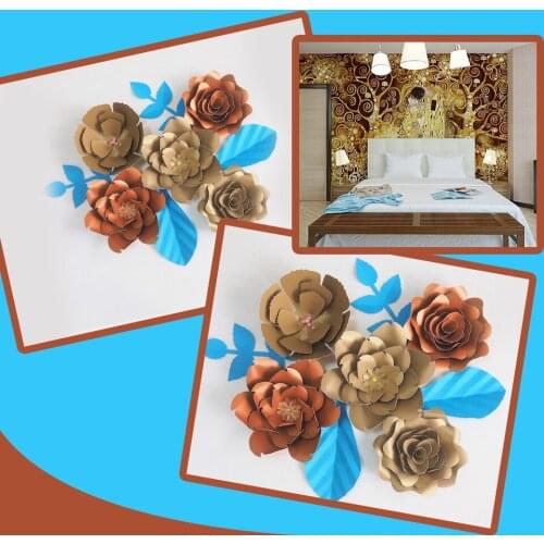 DIY Giant Paper Flowers Artificial Rose Fleurs Artificielles Backdrop 5pcs+ 4 Leave Bedrooms Wall Decor Nursery Mix Gold Copper