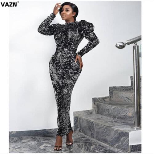 VAZN 2020 High-end Untidy Sexy Club Heavy Industry Sequined Young Lady Of Note Solid Full Sleeve Women High Waist Maxi Dress