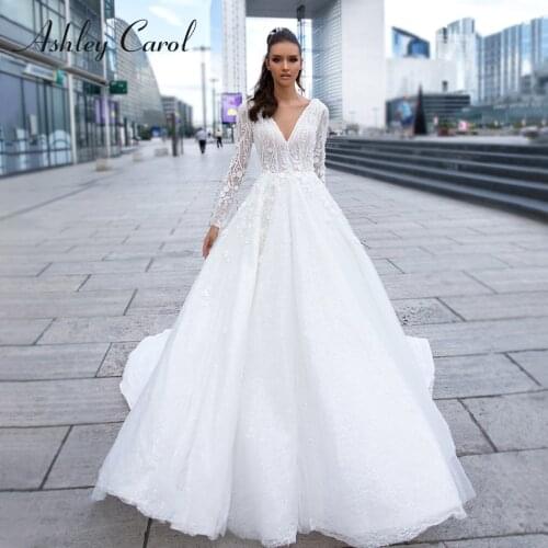 Ashley Carol A-Line Lace Wedding Dress 2021 Long Sleeve Beaded 3D Flowers V-neck Backless Bride Gown Customized Vestido De Novia