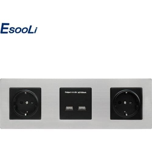 Esooli Wall Stainless Steel Panel Double Socket 16A EU Electrical Outlet Dual USB Smart Charging Port 5V 2A Output Black