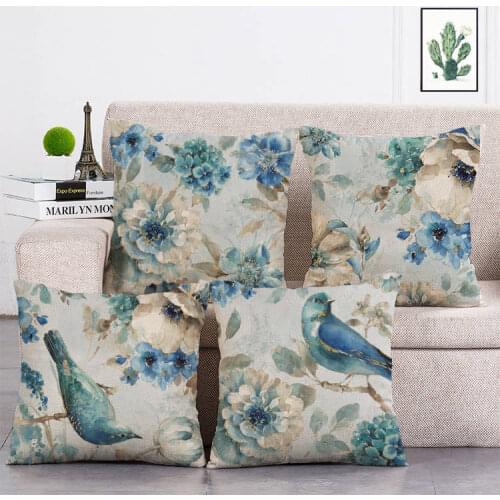 Cotton Linen Birds And Flowers Sofa Decorative Cushion Cover Pillow Pillowcase 45*45 Throw Pillow Home Printed Pillow Case T111