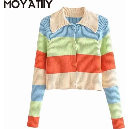 MOYATIIY Fashion Women Cardigan Sweaters Candy Color Patchwork Stripe Slim Cardigan Turn Collar Coats Outwear Female Short Tops