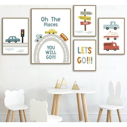 Cartoon Vehicle Canvas Painting Childrens Room Decor Road Traffic Wall Picture for Living Room Color Letter Posters and Prints