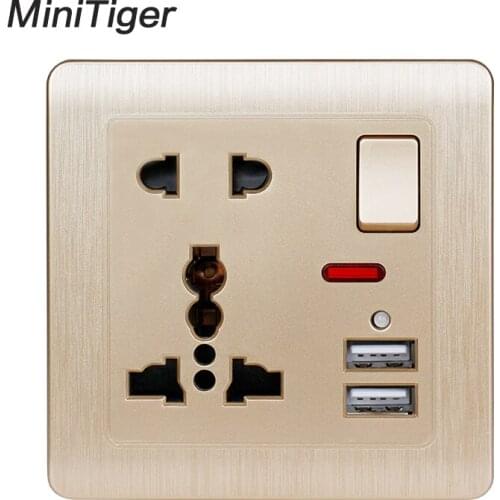 Minitiger Wall Power Socket 13A Universal 5 Hole Switched Outlet 2.1A Dual USB Charger Port LED indicator Gold Brushed Panel