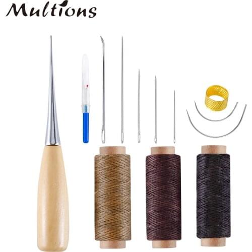 13pcs Leather Craft Tools Kit Curved Upholstery Hand Sewing Needles &Leather Waxed Thread & Wooden Awl DIY Leather Repair Tools