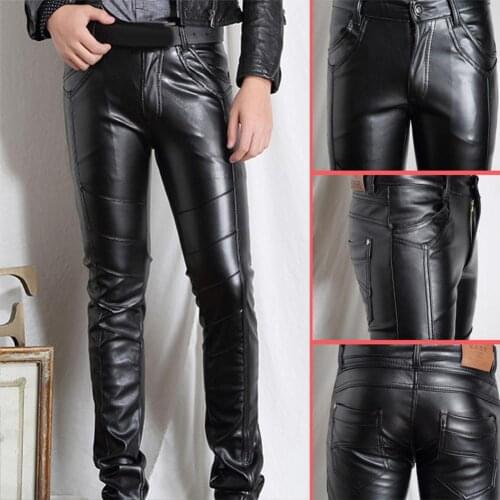 80% 2021 New Men Solid Color Faux Leather Multi Pockets Skinny Pants Stage Club Long Trousers