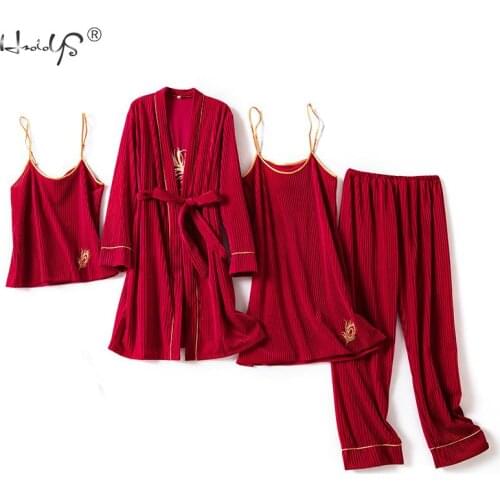 New Women Velvet 4 Pieces Pajamas Sets Sling Winter Autumn Pyjama embroidery Sexy Robe Sleepwear