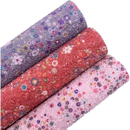 Flowers Printed Chunky Glitter Faux Leather Sheets with Twill Backing Glitter Leather For DIY Bows Earrings 21X29CM 6S106B