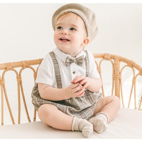 Newborn Baby Clothes Genteman Plaid Romper 1st Birthday Party For Boys Jumpsuit With Tie Baby Boys Playsuit Baptism 0-2T N
