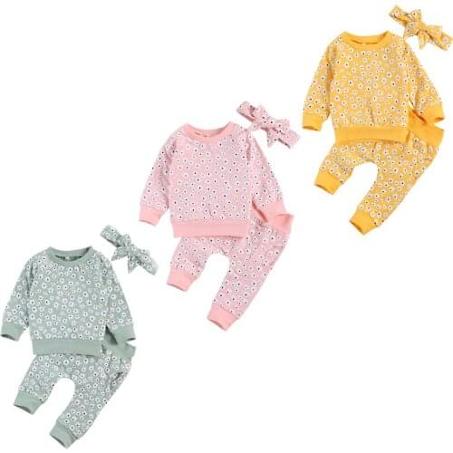 Autumn Infant Baby Girls Boys Clothes Sets Sunflowers Print Long Sleeve Pullover Sweatshirt Top Trousers Pant Headband