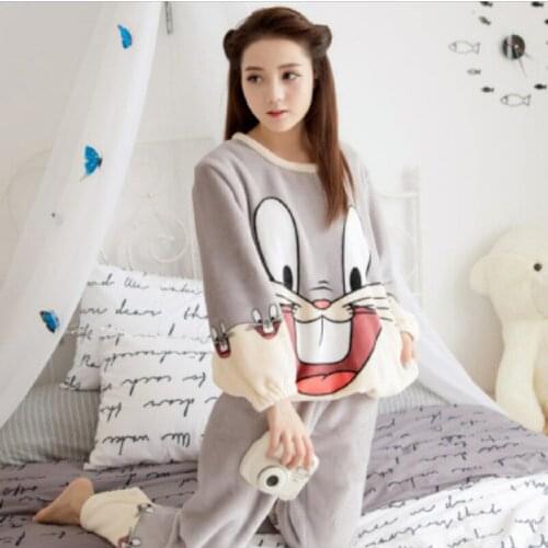 2021 Autumn Winter Warm Flannel Women Pyjamas Sets Thick Coral Velvet Long Sleeve Cartoon Sleepwear Thin Flannel Pajamas Set