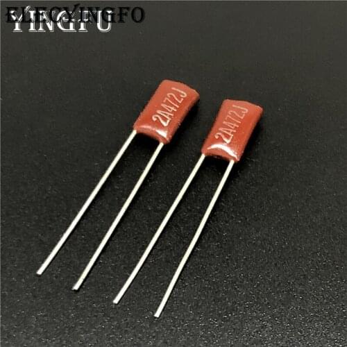 50pcs/Lot Mylar Film Capacitor 100V 2A472J 4700pF 4.7nF 2A472 5% Polyester Film capacitor RED