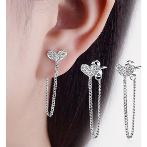 Simple 925 Sterling Silver Micro Pave CZ Heart Earrings Jewelry for Women Girl Eardrops Tassel Chain Drop Earring brincos bijoux