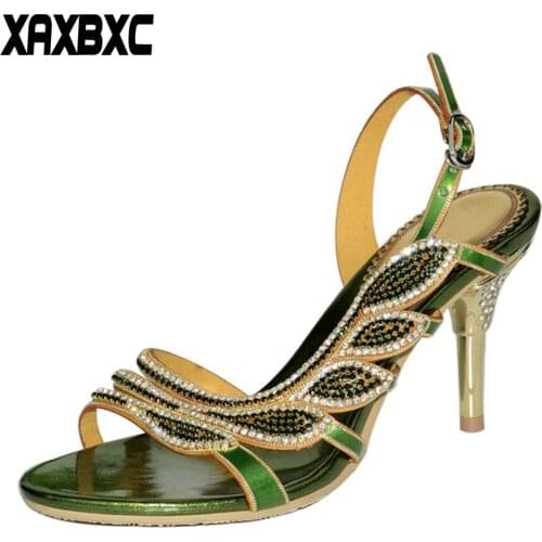 XAXBXC 2018 New Summer Leather Rhinestone Gladiator Sandals Crystal High Heels Women Bridesmaid Party Sandalias Wedding Shoes