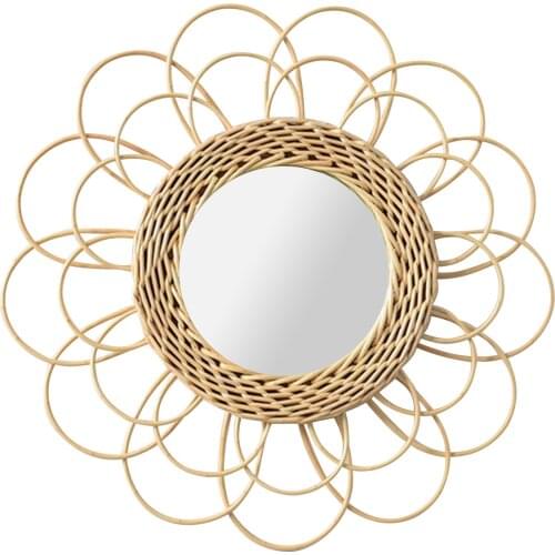 Ins Nordic Sunglasses Rattan Round Large Hanging Mirror Home Hotel Model Room Villa Makeup Mirror Bathroom Mirror Deco Mirror