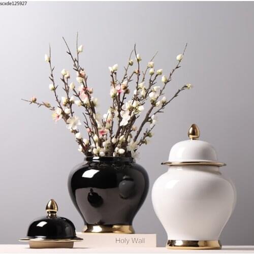 European-style Ceramic General Jar Black and White Vase Countertop Flower Arrangement Home Storage Jar with Lid Home Decoration