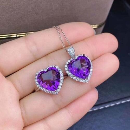 S925 Silver Natural Amethyst Jewelry Sets for Women Party Necklace and Ring Fine Jewelry Real Violet Crystal Heated S32