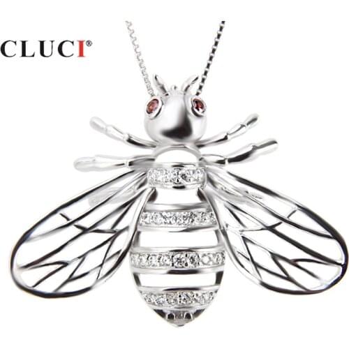CLUCI Silver 925 Honeybee Cage Pendant for Women Pearl Jewelry 925 Sterling Silver Red Zircon Women Pendant Pearl Locket SC177SB