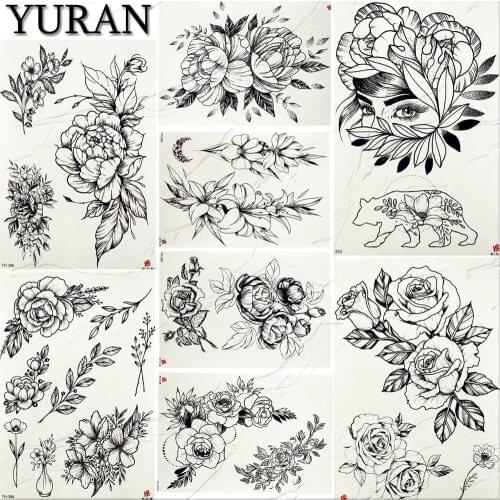 YURAN Womens Fashion Sexy Tattoo Bracelet Black Flower Art Tattoo Stickers Fake Sketch Makeup Tatoos Temporary Girls Fake Rose