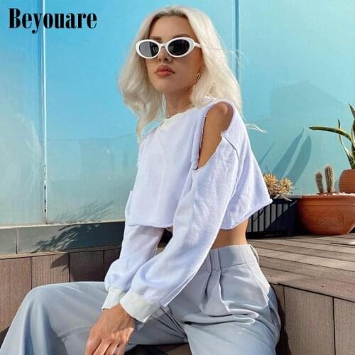 Beyouare Hollow Out Casual Women Sweatshirts Basic Harajuku Oversize Pullovers O Neck Long Sleeve Loose Cropped Top 2021 Autumn