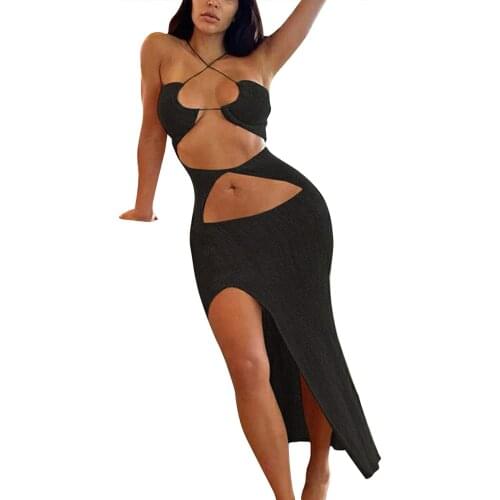 Women Summer Dress Solid Color Hollow Lacing Halter Neck Sleeveless Long Skirt with Side Slit for Ladies Khaki/Black