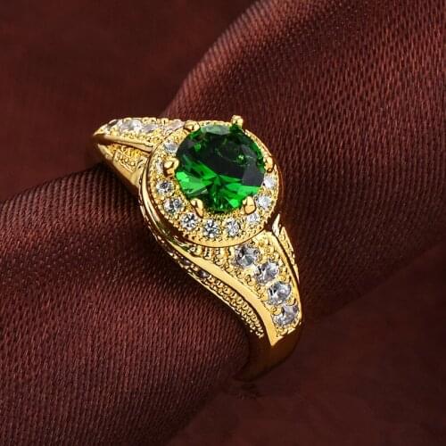 Vintage Engagement Ring 18K Gold Round Cut Green CZ Womens Wedding Ring Size 7/ 8/9