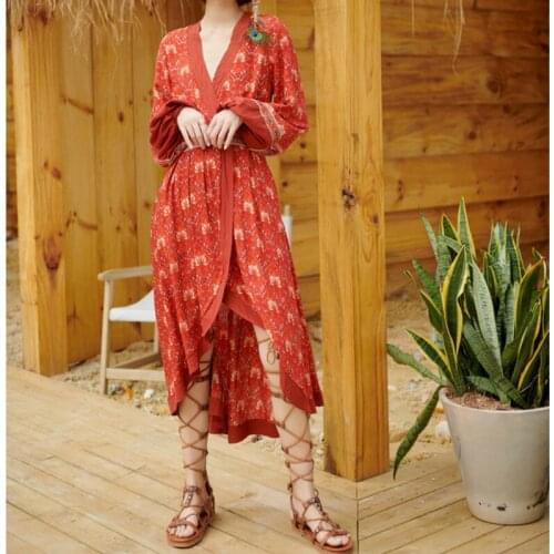 2020 Brand New Women Floral Printing Boho Dress V-neck Long Sleeve Irregular Slit Long Dress Summer Beach Dress Vestidos Mujer