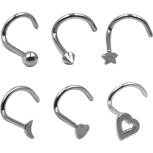 60pieces Stainless Steel Nose Screw Piercing Nose Stud Rings Body Jewelry Retainers Assorted Ball Spike Moon Heart Star Shapes