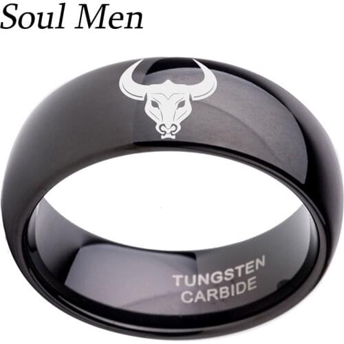 8mm Black Dome Tungsten Carbide Constellation Ring for Boy Men with Taurus / Bull Head Engraved US Size 6 to 14