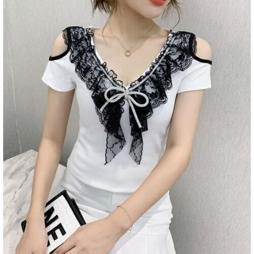 Lace Tee shirt Femme Cotton Short Sleeve Bow T Shirt 2021 Summer Korean Fashion Black Tshirts Off Shoulder Y2K Womens Clothing