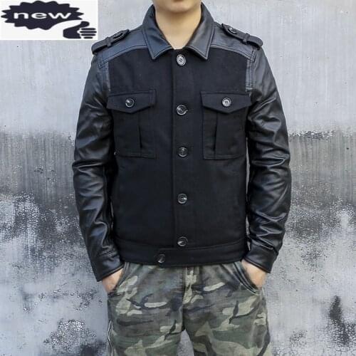 Autumn New Designer Mens Patchwork Jacket Short Slim Fit Sheepskin Genuine Leather Jackets Pockets Single Breasted Cargo Coat
