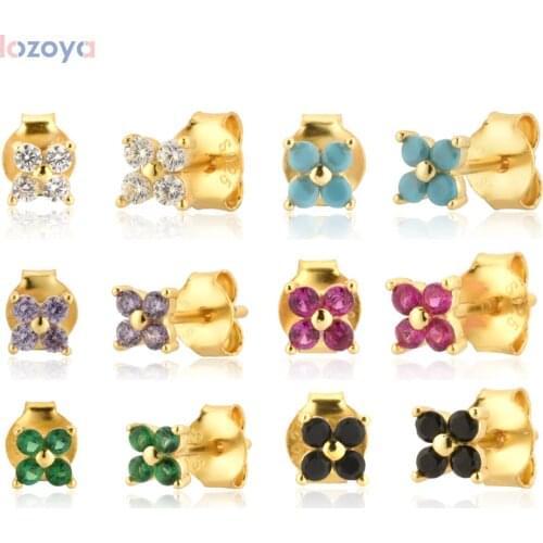 LOZOYA 925 Sterling Silver 12 Colors Rock Punk Party Four Zircon CZ Stud Earring Tiny Fine Jewelry Piercing Gift Clips Wedding