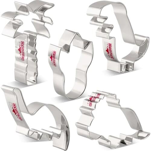 KENIAO Dinosaur Cookie Cutter Set- 5 PC -T-rex,Stegosaurus,Brontosaurus,Dinos Foot & Palm Tree Biscuit Cutter - Stainless Steel