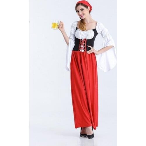 German Girl Masquerade Women Bavarian Oktoberfest Beer Maiden Cosplay Costume Fantasy Halloween Role Playing Red Long Dress