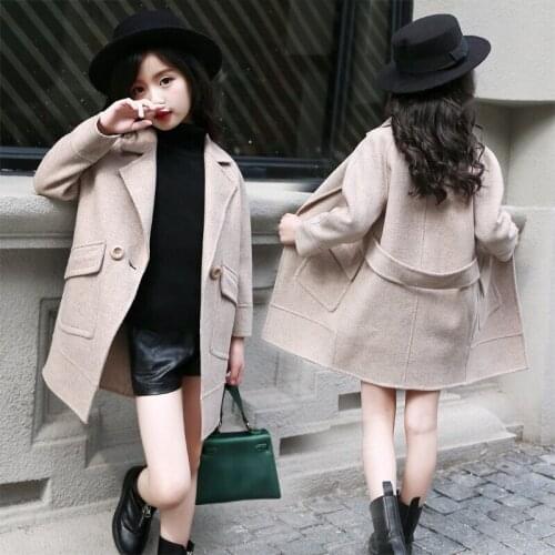 2020 Fall New Arrival Girls Fashion Woolen Clothes Jacket Korean Hot Kids Long Trench Coat Childrens Outerwear Windbreaker X360