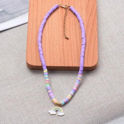 Cute Purple Polymer Clay Beads Choker Necklace Women Girls Kids Children Soft Pottery Round Plate Charm Necklace Jewelry Gift