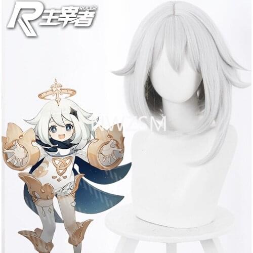 Game Genshin Impact Paimon cosplay Wig white short hair Heat Re sistant Synthetic Hair and Free gift wig cap