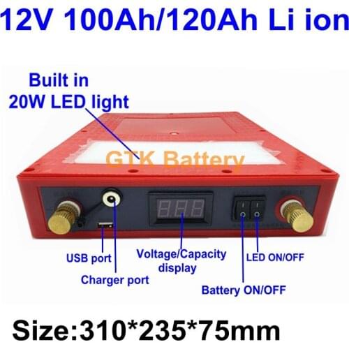 Portable 12V 100Ah/120Ah Li ion Battery Pack with LED 5v USB for solar light outdoor camping storage battery+10A charger