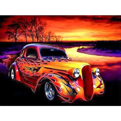 Craft 5D resin mosaic diamond painting whole picture drill Diamond needlework embroidery "Old-Style Car & Sunset" KBL
