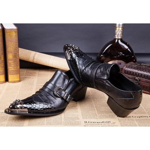 Summer Man Metal Tip Cowhide Shoes Buckles High-heeled Low help Mens Shoes Singer Show Luxury shoes party Heightening shoes