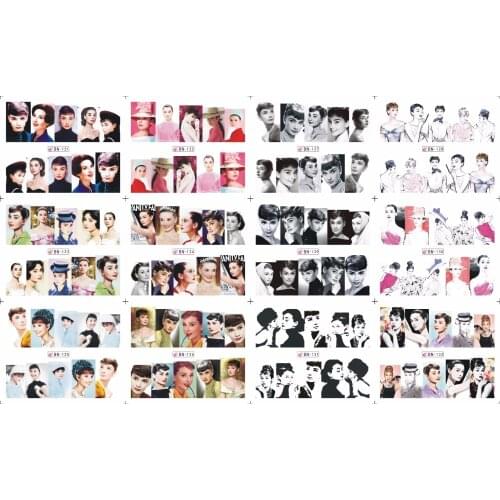 On sale !! 1 lot =20sheets.12 in one sheet New Style Nail Art Water Sticker Audrey Hepburn in 2016 for BN121-132