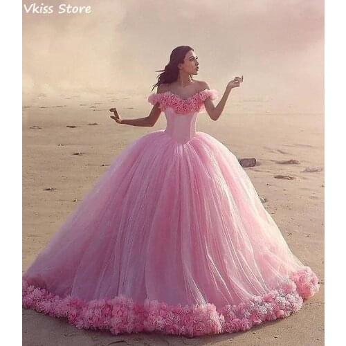Luxury Evening Dress Sweep Train Flowers Off Shoulder V-neck Ball Gown For Wedding Pink Elegant Prom Dress платья знаменитостей