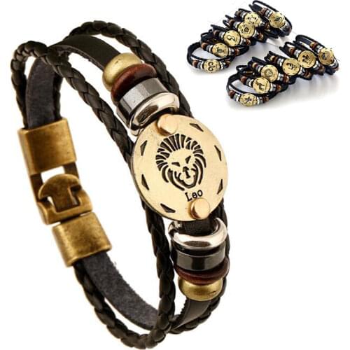 Vintage 12 Constellations Men Leather Charm Bracelet Horoscope Jewelry Zodiac Sign Alloy Beads Bangle Bracelets Boys Adjustable